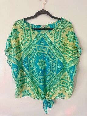KISMET Turquoise & Lime Geometric Print Tie-Front Blouse (Medium)